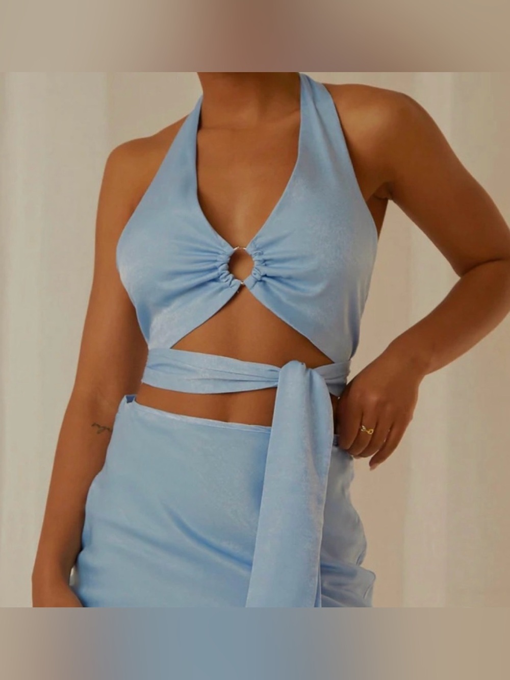 Peppermayo Light Blue Halter Tie Front Crop Top and Skirt Set
